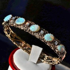14k y/gold bracelet 5.50ct natural opal diamond 7.0″ bangle antique 25.90g N3216