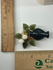 VTG SWOBODA Carved Jade & Coral Roses in Onyx Vase brooch -Read-