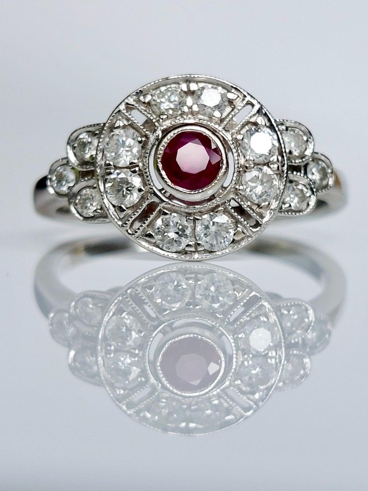 Vintage Style 14k White Gold Finish Lab Created Diamond and Ruby 925 Silver Ring
