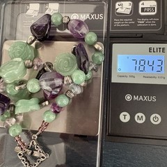 Vintage Carved Jade Rose And Amethyst Quartz Necklace Balance Wellness Luck