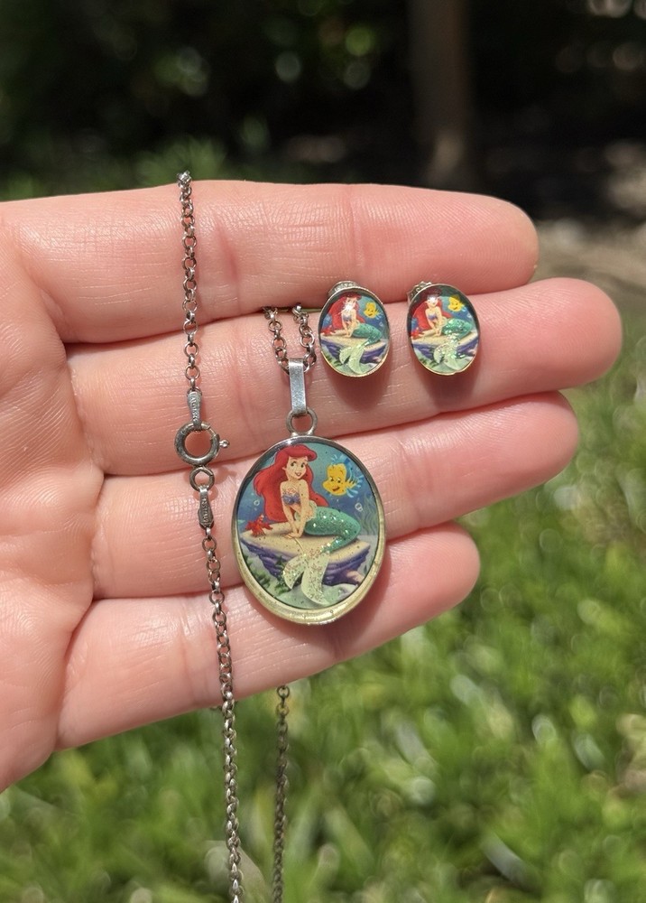 Vintage Y2K Era Sterling Silver Little Mermaid 18” Necklace Post Earring Set