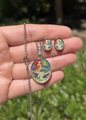 Vintage Y2K Era Sterling Silver Little Mermaid 18” Necklace Post Earring Set