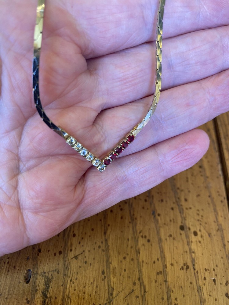 Vtg Gold Plated V Shape Necklace Red And Clear CZ Rhinestone Classic 8.5 In