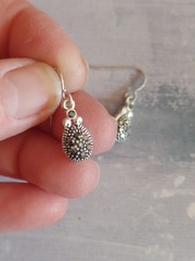 Vintage teardrop silver tone metal hematite marcasite stone flower 7/8″ long