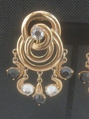 Signed CRAFT Goldtone intertwined circles black clear stones dangle earrings