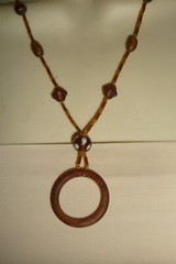BROWN TINY BUGLE & MURANO BEADS WOOD CIRCLE PENDANT BOHO NECKLACE #195B