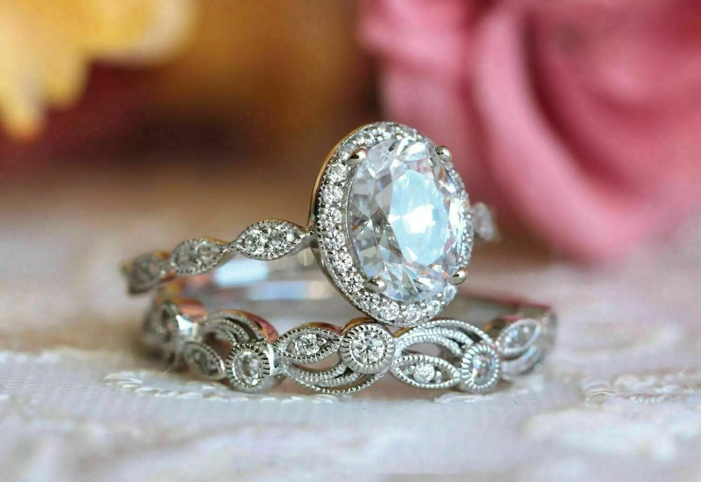 Oval Cut Lab Created Diamond Engagement Bridal 14Ct White Gold Finish Ring Set
