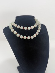 Vintage Chinese Red Knot Celadon Jade Bead Necklace 24” W/ Silver Clasp