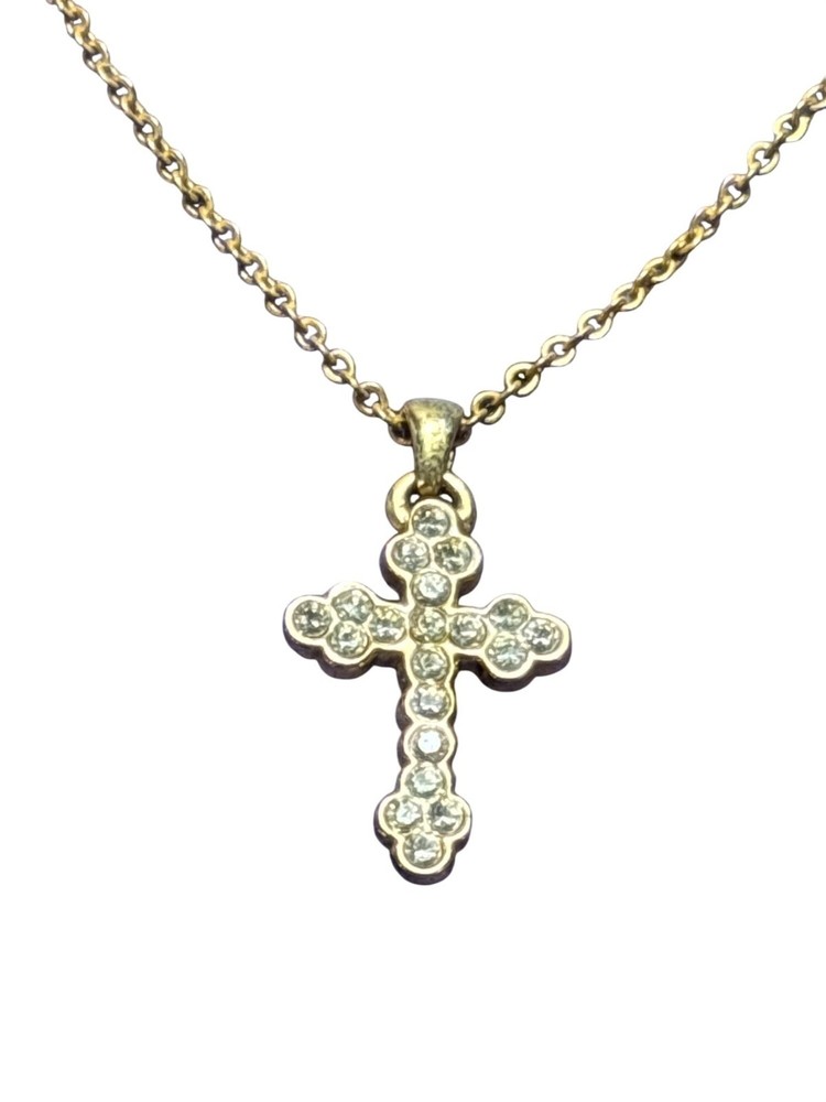 Vtg 80s Goldtone Clear Rhinestone Cross Pendant Necklace Spring Ring Clasp