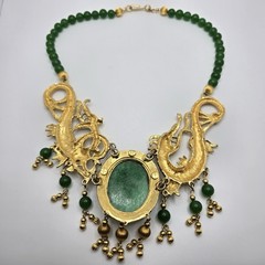 VTG Designer Dragon Statement Necklace, Gold-Tone Metal with Faux Jade Beads