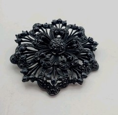 Vintage HUGE JET Black Japanned RHINESTONES Mourning BROOCH PIN FLOWER 2.5″