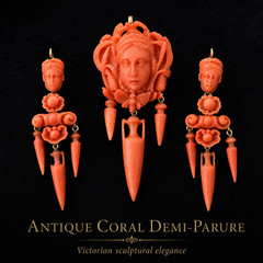 Museum Quality Victorian Carved Red Coral Demi-Parure Brooch & Drop Earrings