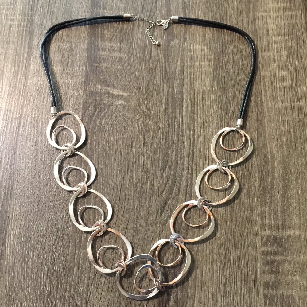 Charming Charlie Statement Necklace Interlocking Ovals Silver Copper Tone