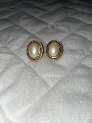 Vintage YSL Yves Saint Laurent Mabe pearl Gold Tone Post Earrings Posts At Angle