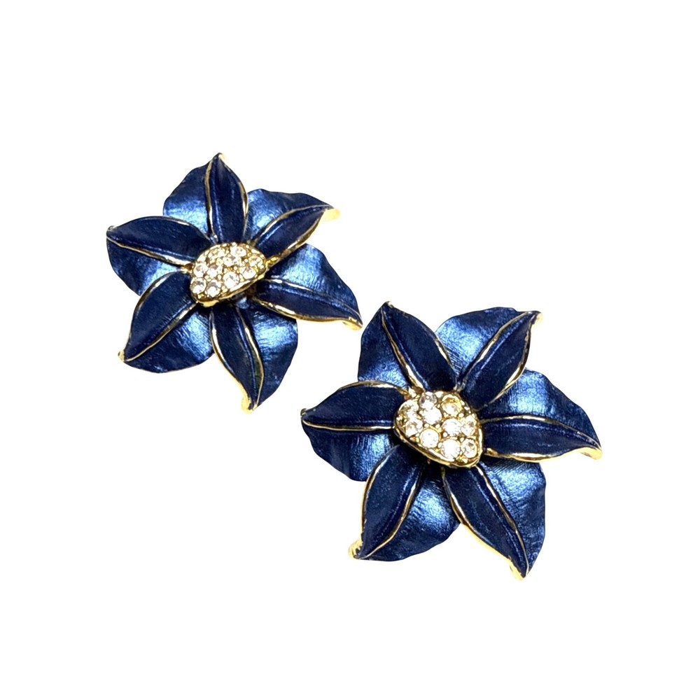 Vintage Blue Gold Flower Clip-On Earrings Rhinestone Center Statement Jewelry