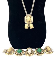Vintage Sculpted Face Pendant Necklace & Green Stone Bracelet Set