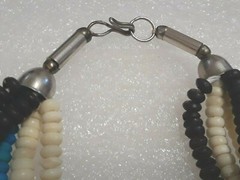 Vintage, Blue, off-white, black, handcrafted chunky beaded necklace.