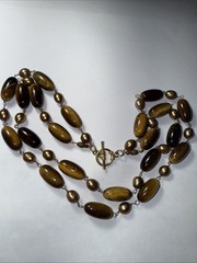Necklace 2 Strand Tiger’s Eye Cultured Pearl Vermeil Toggle Clasp Vintage Unused