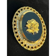 Vintage Black and Gold Toned Rose Brooch Pendant Whimsigoth Dark Romance