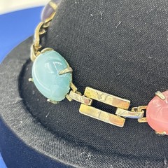 Vintage Pastel Cabochon Link Bracelet Pink Blue Purple Silver Tone 7.5”