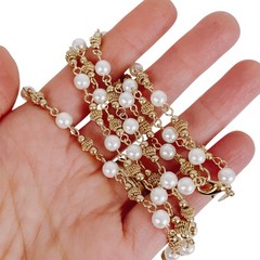 Vintage Signed Revlon Gold Tone Ball & Faux Pearl Station Necklace 1980s 1990s