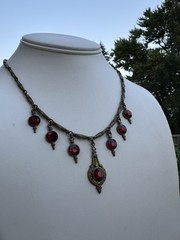 Antique 1930s Brass And Red Glass Festoon Style Necklace