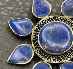 VTG Lapis Lazuli Silver Tone Flower Brooch Pin Nepal Sun Celestial Boho Ethnic