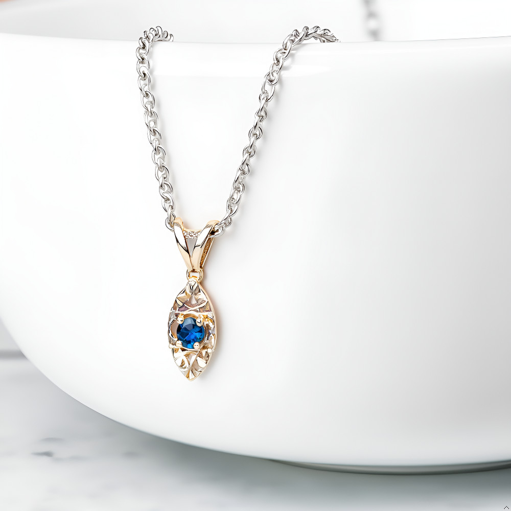 14K Solid White Gold Natural Blue Sapphire Reflect Pendant Necklace
