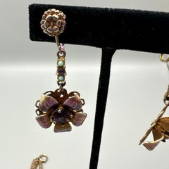 Vintage Purple Jewelry Set 3 Piece Floral Pendant Clip-On Earrings Set Blue Bead