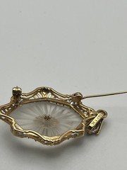14K Solid Gold Art Deco Camphor Glass Diamond Filigree Pendant Brooch Pin 1.5″