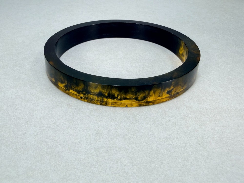 Vintage Black Amber Marbled Resin / Acrylic Bangle Bracelet Retro Minimalist