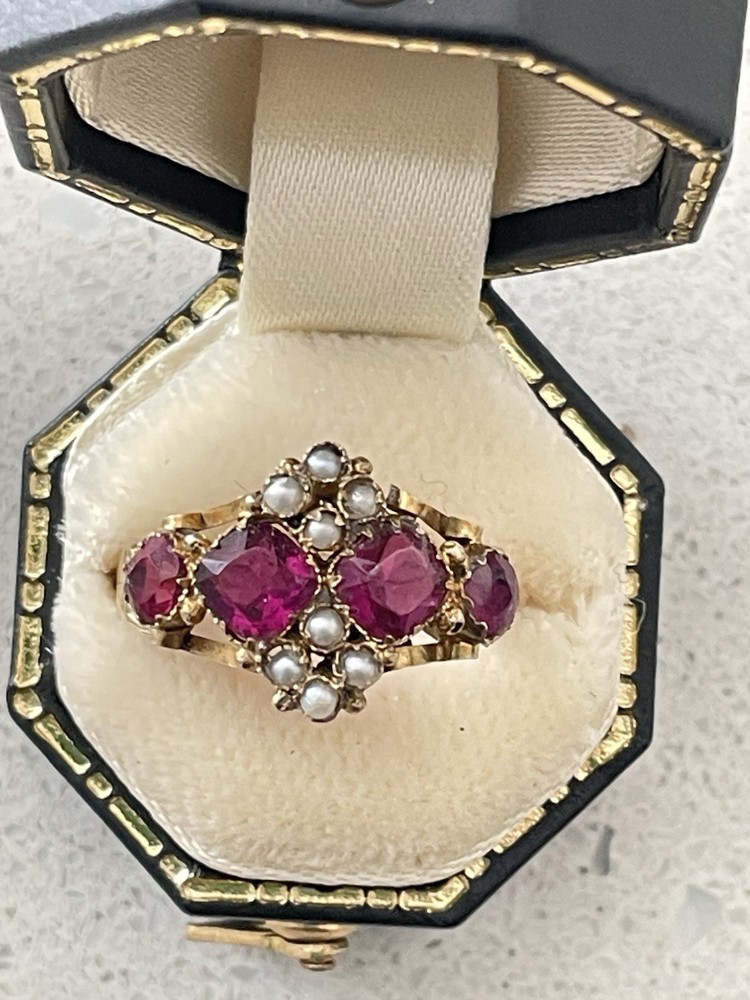 Victorian 9ct Gold Almandine Garnet and Pearl Cluster Ring