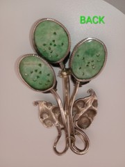 Vintage Chinese Carved Jadeite 3 Flowers Sterling Silver Leaves Brooch Jade Pin