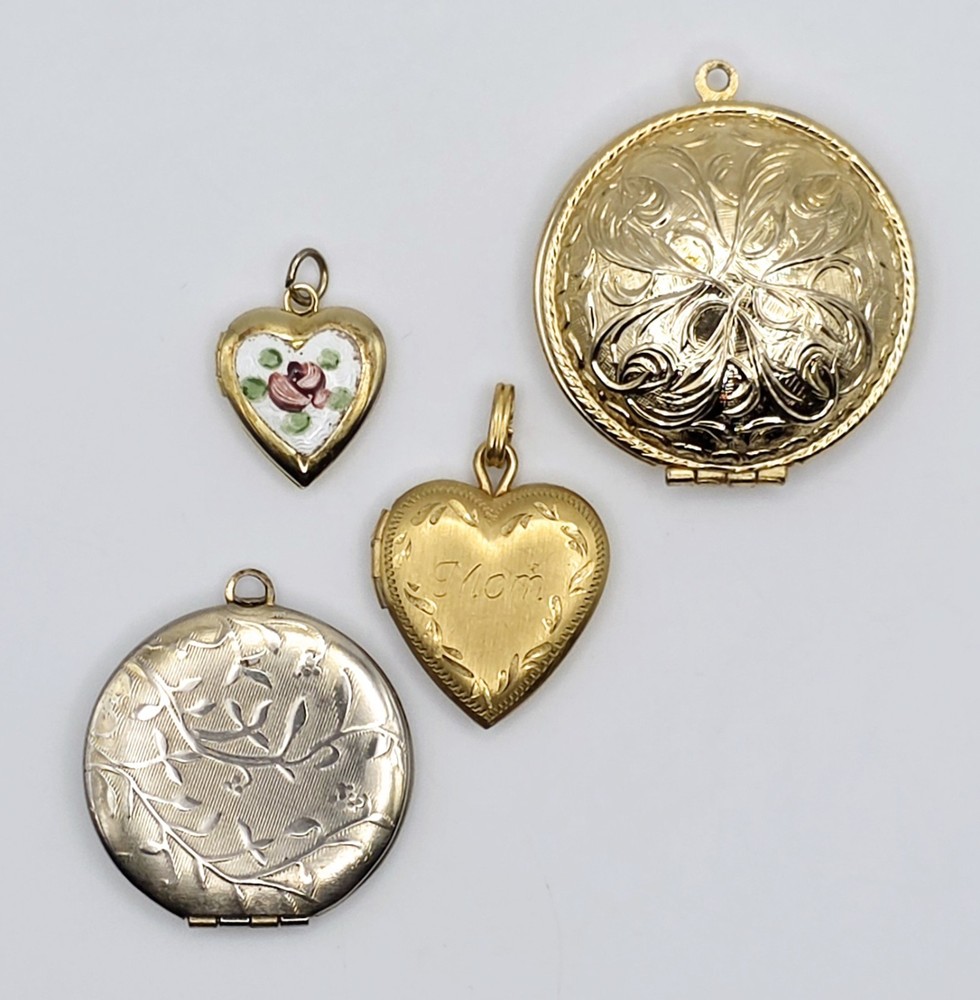 Vintage Locket Lot 4pc Van Dell 14K GF Gold Filled Heart Costume Enamel Pendants