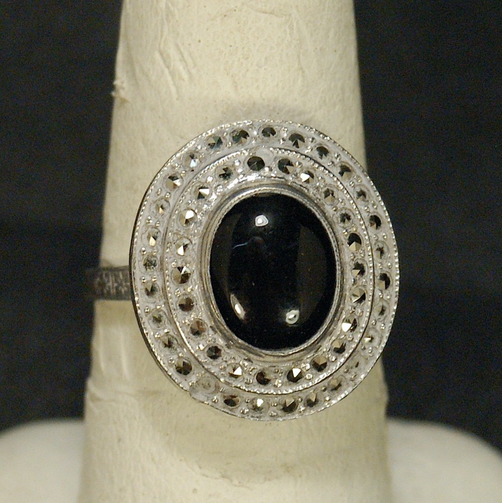 Vintage Sterling Ring-Onyx and Marcasite-7 ½. Marked Sterling BB (Bennett & Brad