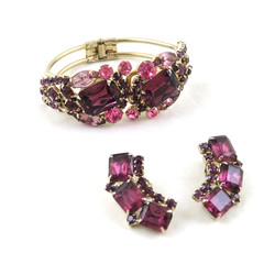Vintage Rhinestone Clamper Bracelet Clip On Earrings Set Purple Rhinestones