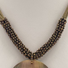 Vintage Lia Sophia Mother of Pearl Pendant Necklace Boho Beaded Cord Retro