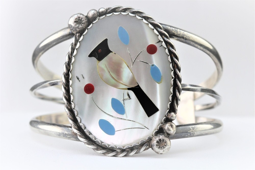 Vintage Zuni WOODPECKER Multi-Stone Flush Inlay Sterling Silver Cuff Bracelet