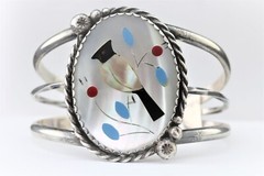 Vintage Zuni WOODPECKER Multi-Stone Flush Inlay Sterling Silver Cuff Bracelet