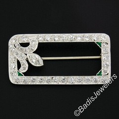 Antique Art Deco Platinum Old Cut Diamond w/ Emeralds Open Geometric Brooch Pin