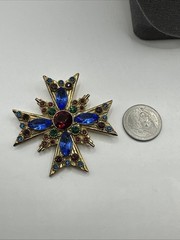 Amazing Vintage Byzantine Mogul Maltese Cross Pin Glass Emerald Ruby 2.5”