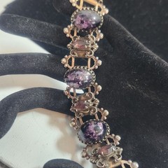 Vintage Purple Cabochon Ornate Link Bracelet Silver Tone Victorian Style 6.25 in