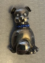 Adorable Vintage Bulldog Pug Puppy Dog Brooch Blue Rhinestone Collar signed LJ
