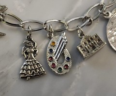 Sterling Silver Charm Bracelet w/ 14 Misc. Dangle Charms ~ 43.5g ~ 1-E110