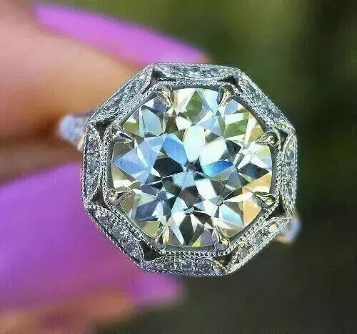 Art Deco Style Round Lab Created Diamond 14K White Gold Finish Engagement Ring