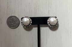 Vintage Pearl Clear Crystal Round Stud Button Cabochon Clip On Earrings 3/4”