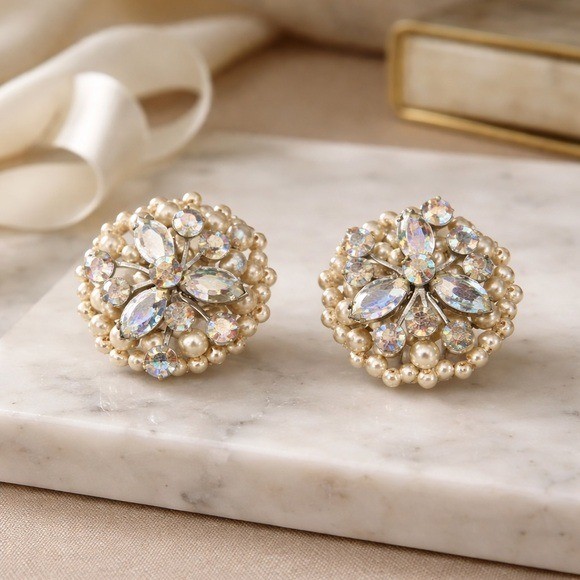 Vintage Signed EUGENE Aurora Borealis Rhinestone & Faux Pearl Clip On Earrings