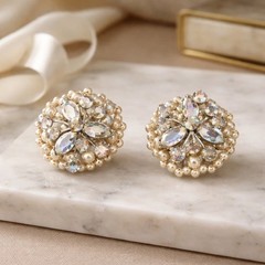 Vintage Signed EUGENE Aurora Borealis Rhinestone & Faux Pearl Clip On Earrings