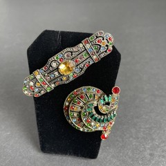 Vintage 1930s Art Deco Czech Rainbow Rhinestone Bar Brooch & Dress Clip Lot