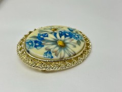 Vintage Goldtone Blue Flowers Floral Printed Milk Glass Inset Brooch Pin
